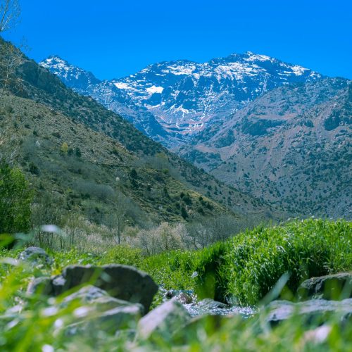 Photo by alpha plus a view of a mountain range with a stream running through it